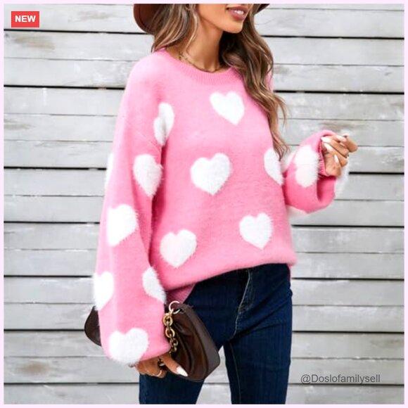 Oversized Heart Print Sweater Knitted Pullover Long Sleeve Valentine's Day Chic - Picture 2 of 6